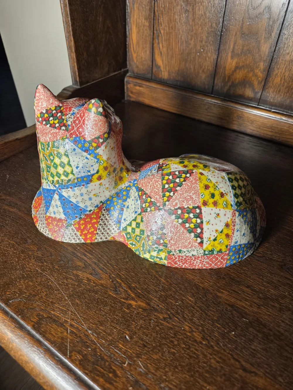 Vintage Multicolor Patchwork Cat Figurine
